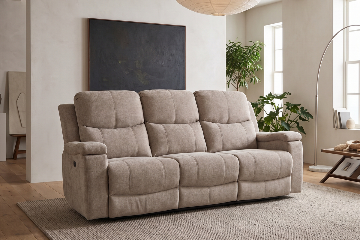 Beige Chenille Fabric Electric 3 Seater Recliner Sofa VISCONTI