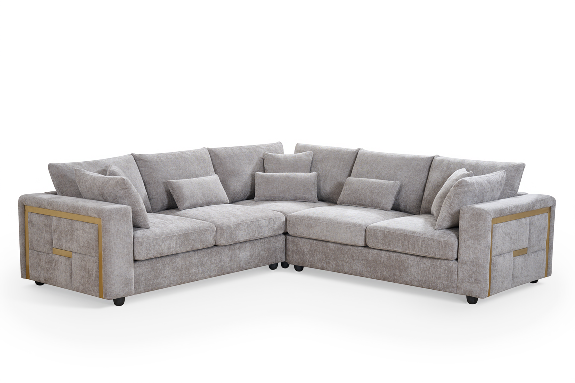 Chenille Fabric Grey 2C2 Corner Sofa with Gold Accents GEORGE