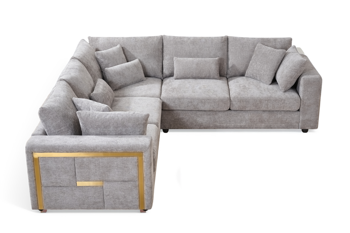 Chenille Fabric Grey 2C2 Corner Sofa with Gold Accents GEORGE