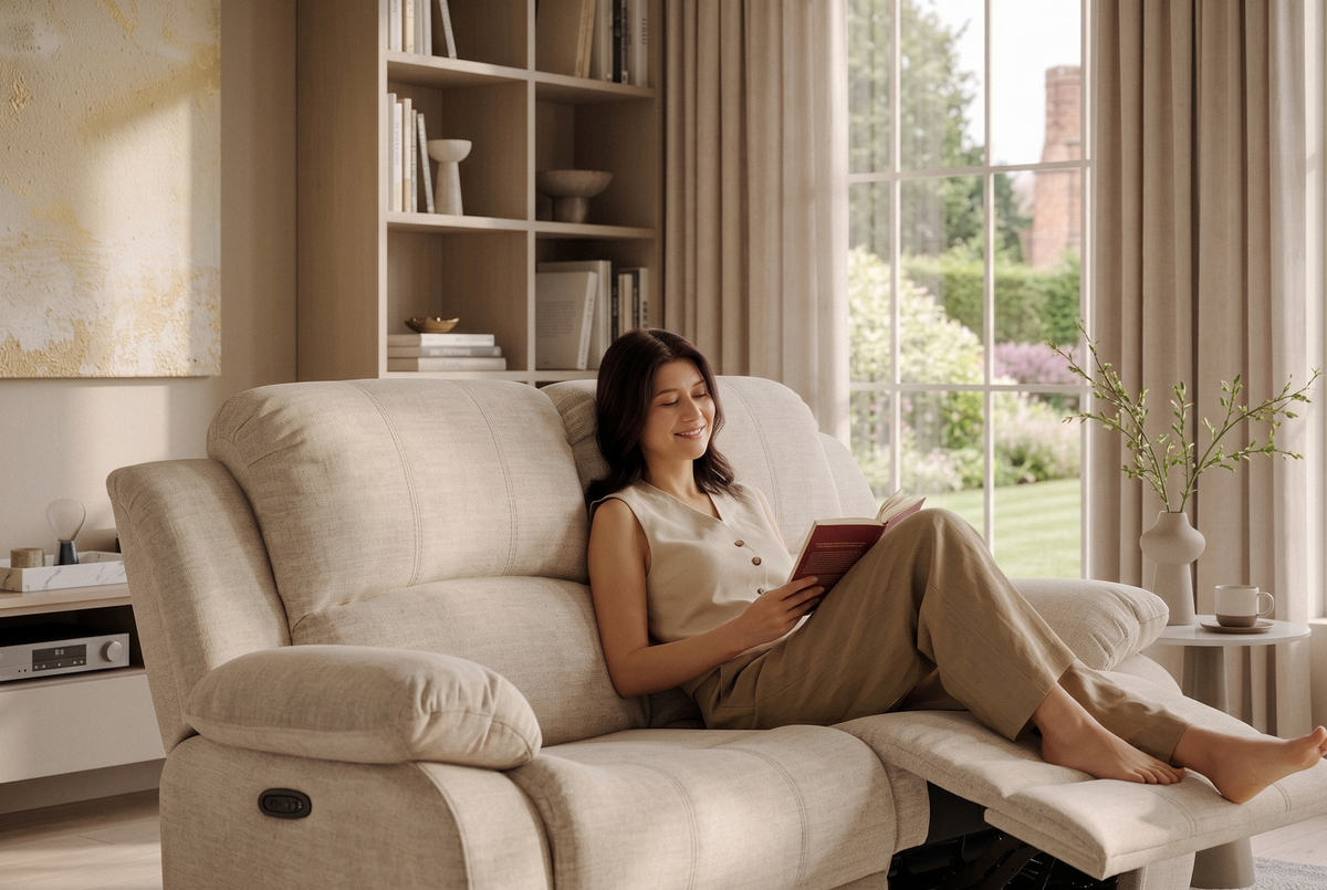 Chenille Fabric Oatmeal Beige 2 Seater Electric Recliner Sofa VALENCIA