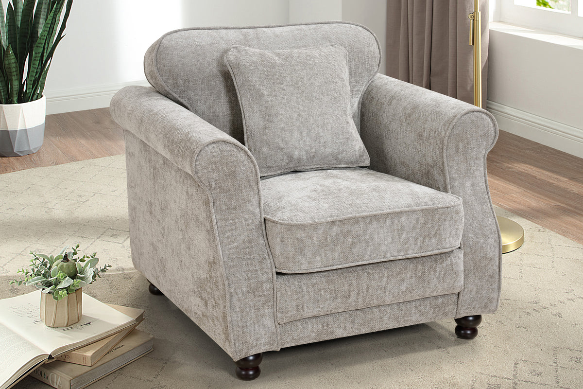Grey chenille 1 seater sofa with an accent cushion and wooden legs in a living room