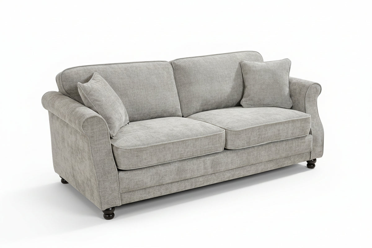 Grey chenille 3 seater sofa with accent cushions and wooden legs on a white background