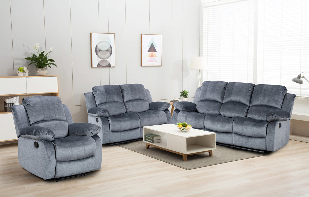 Chenille Fabric Grey 3 + 2 + 1 Seater Manual Recliner Sofa Set VALENCIA