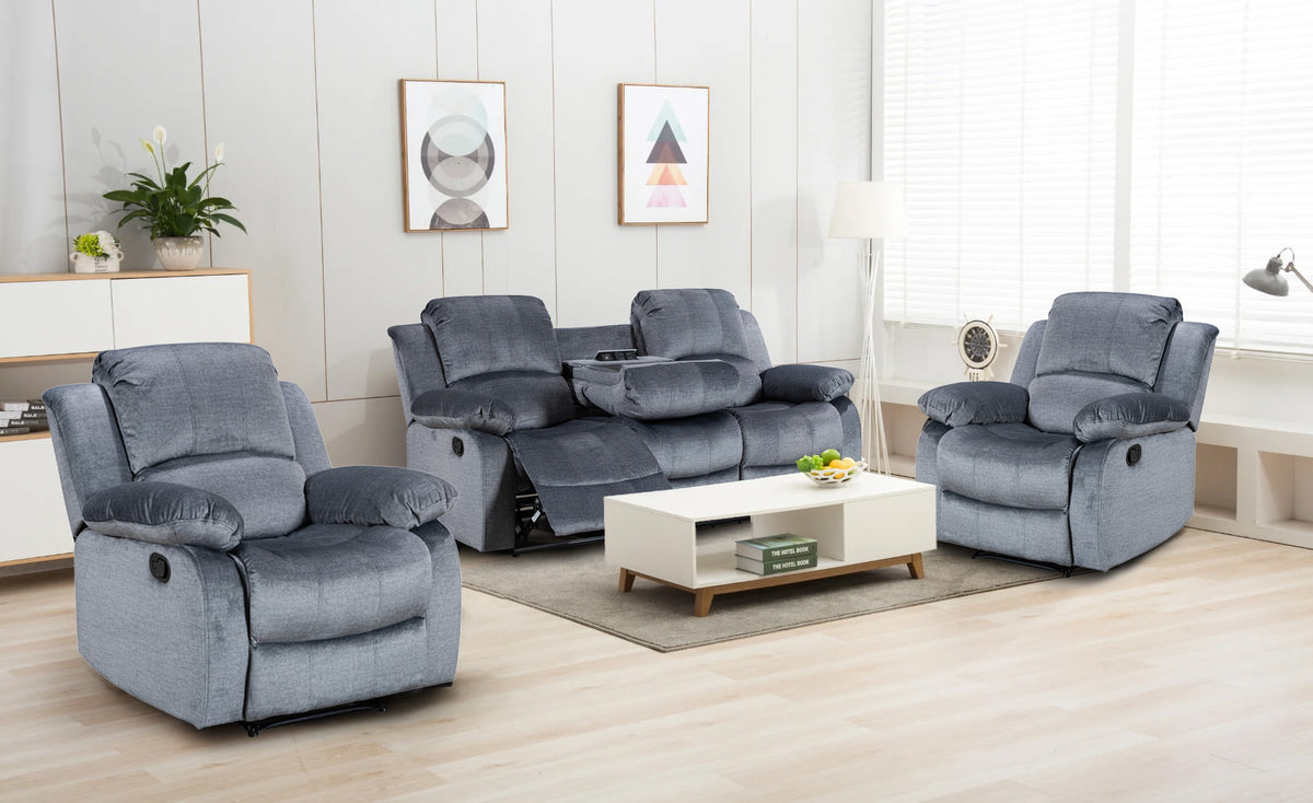 Chenille Fabric Grey 3 + 1 + 1 Seater Manual Recliner Sofa Set VALENCIA