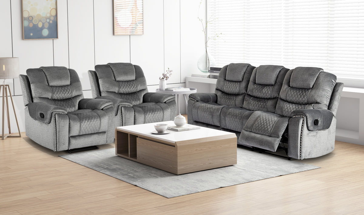 Chenille Fabric Grey 3 + 1 + 1 Seater Manual Recliner Sofa Set RAVENNA