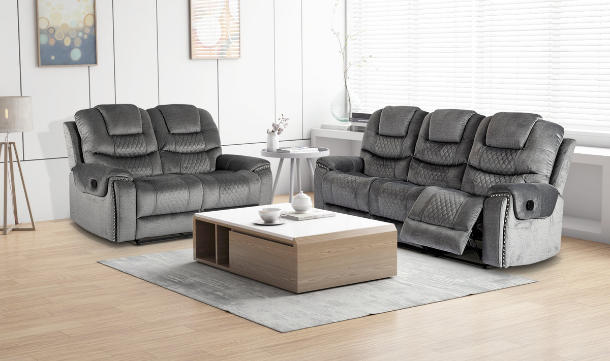 Chenille Fabric Grey 3 + 2 Seater Manual Recliner Sofa Set RAVENNA