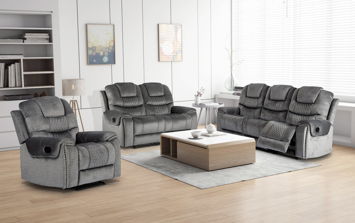 Chenille Fabric Grey 3 + 2 + 1 Seater Manual Recliner Sofa Set RAVENNA