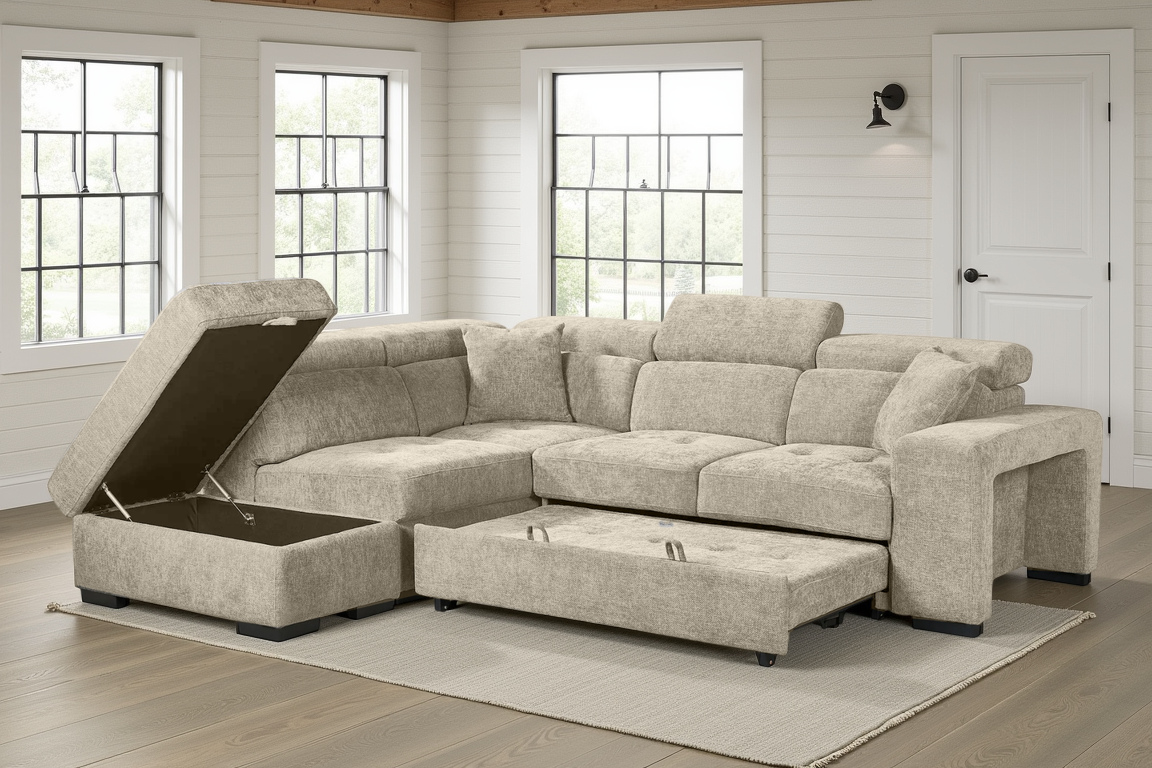 Beige Chenille Fabric 1C2 Corner Sofabed with Storage and Ottomans AMELIA