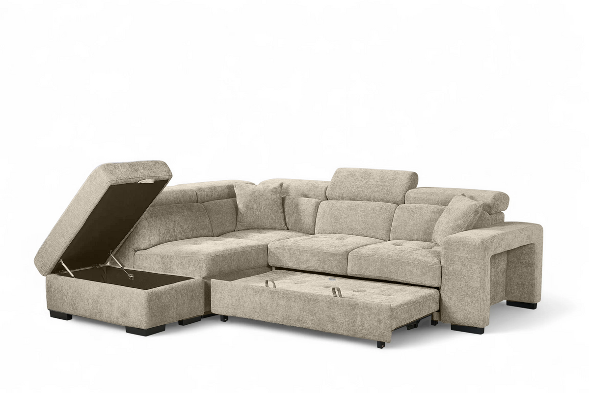 Beige Chenille Fabric 1C2 Corner Sofabed with Storage and Ottomans AMELIA