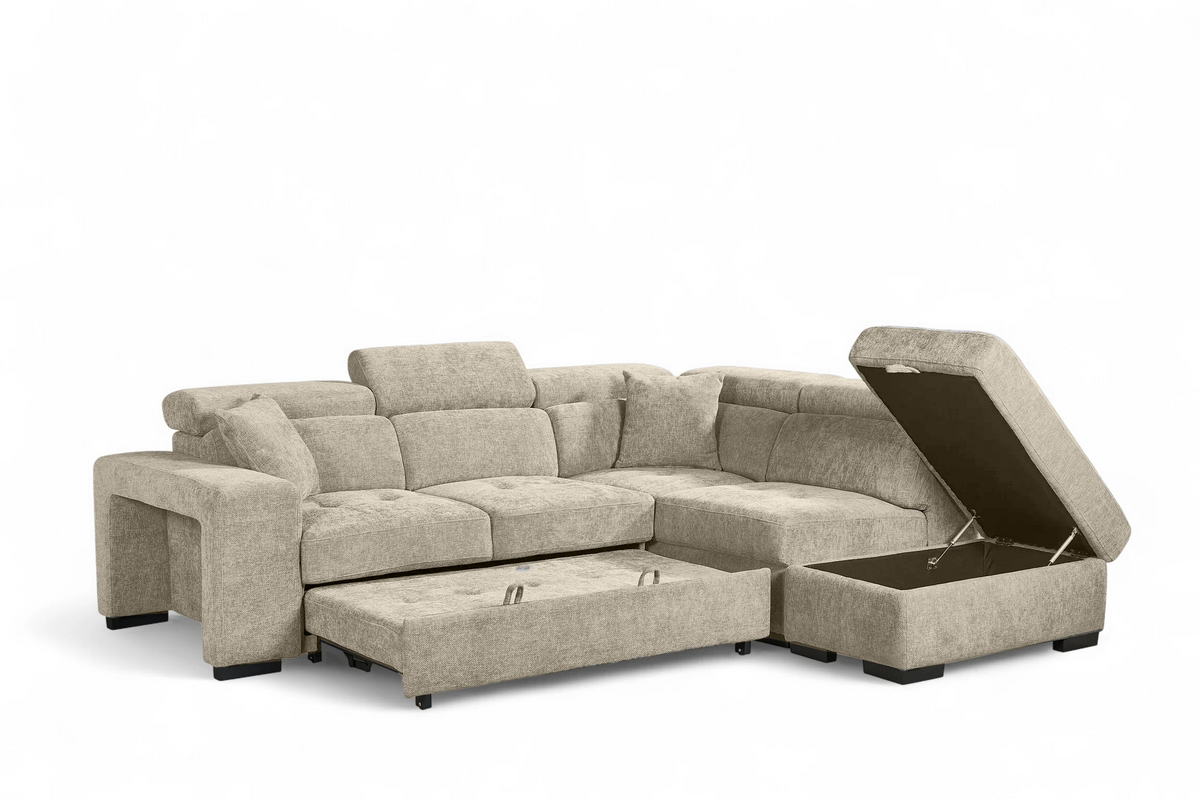 Beige Chenille Fabric 2C1 Corner Sofabed with Storage and Ottomans AMELIA