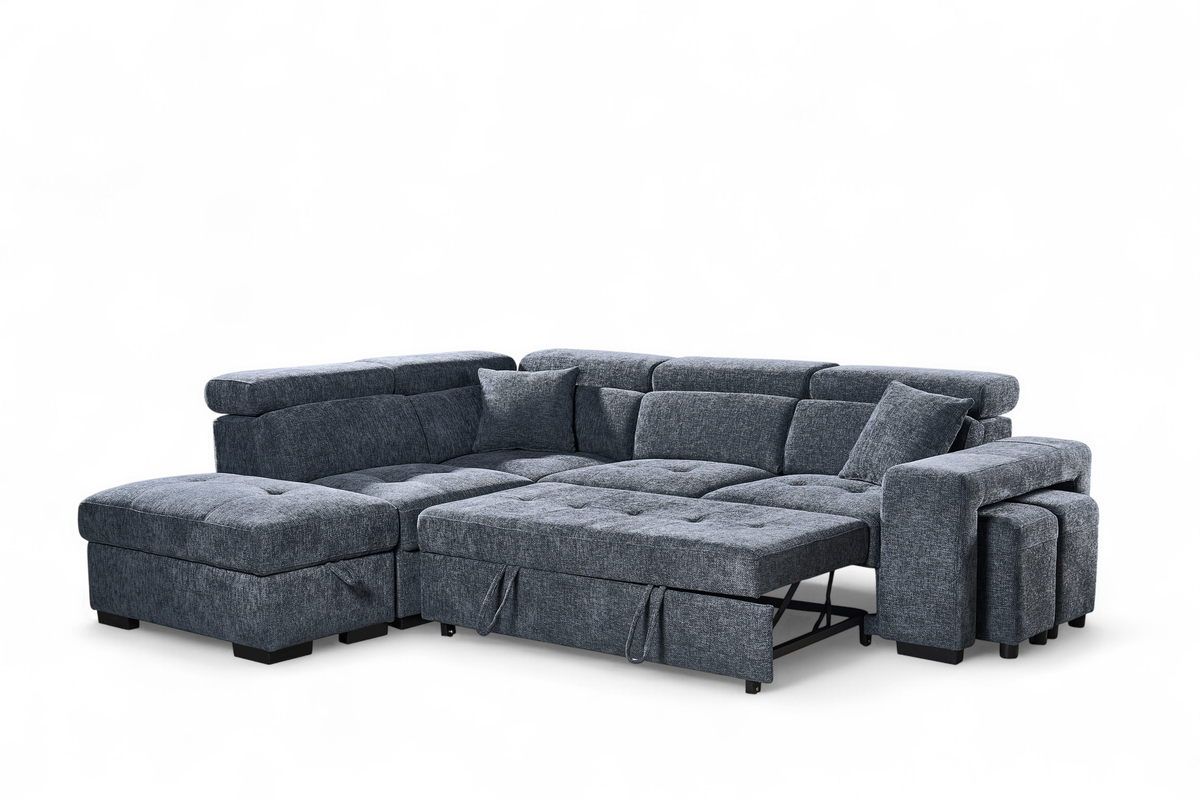 Pale Blue Chenille Fabric 1C2 Corner Sofabed with Storage and Ottomans AMELIA