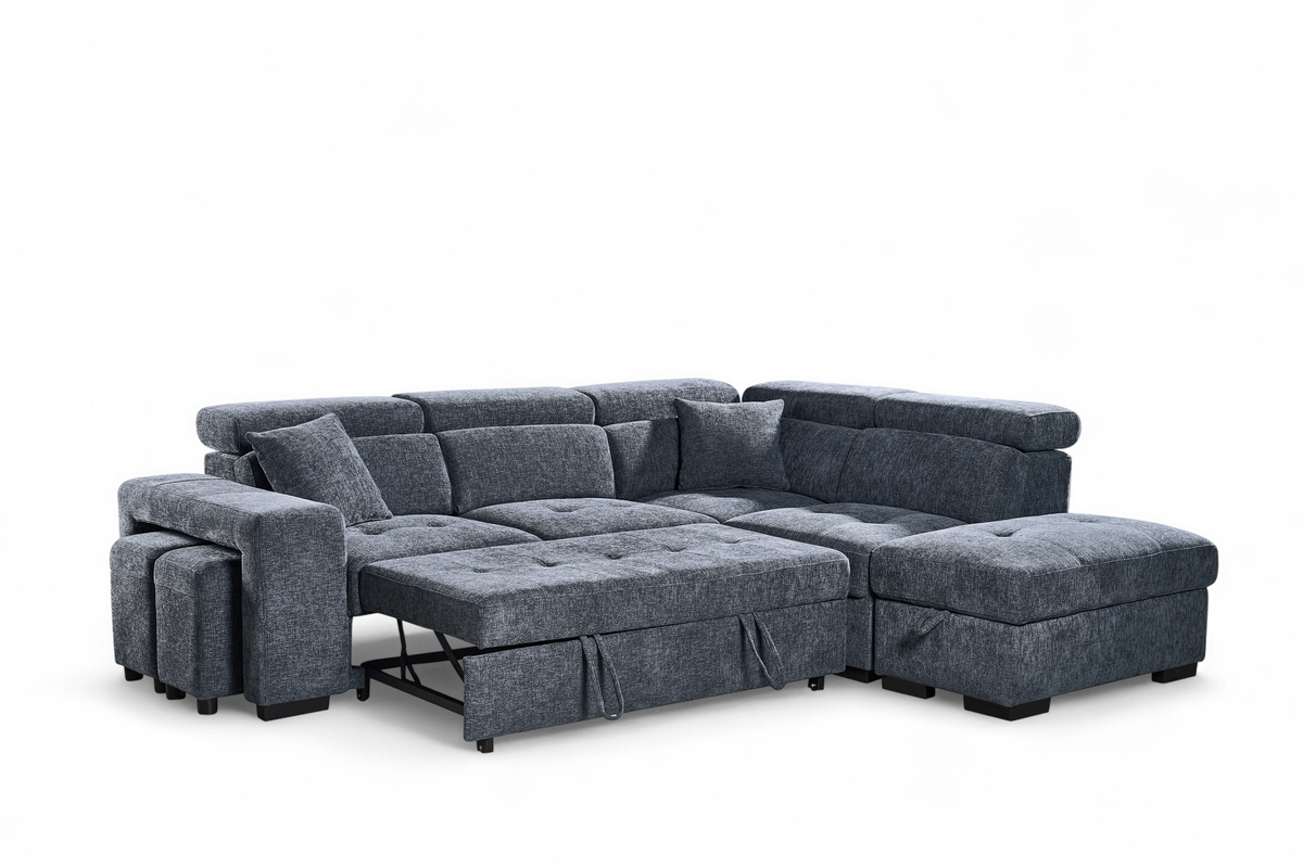 Pale Blue Chenille Fabric 2C1 Corner Sofabed with Storage and Ottomans AMELIA