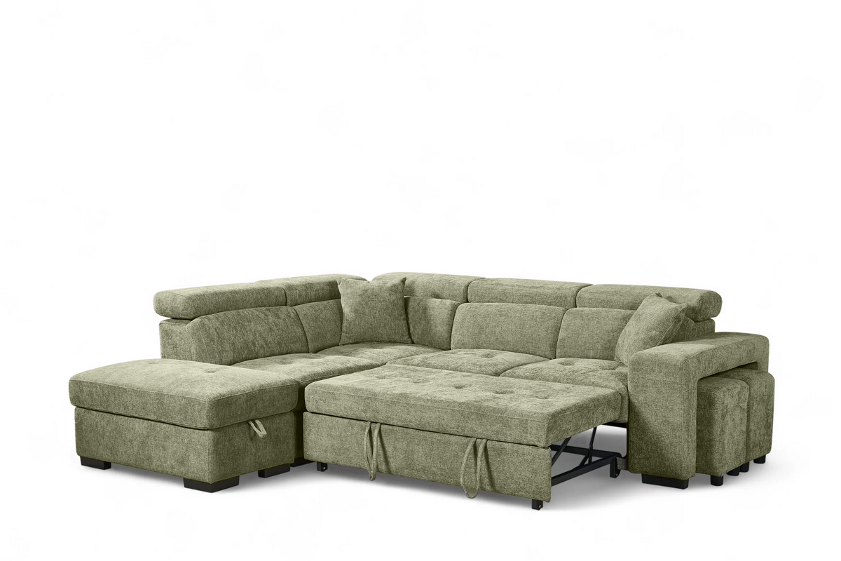 Green Chenille Fabric 1C2 Corner Sofabed with Storage and Ottomans AMELIA