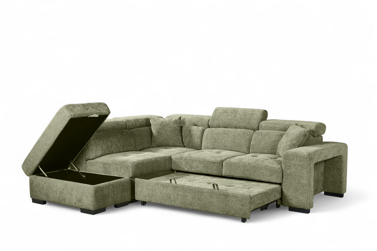 Green Chenille Fabric 1C2 Corner Sofabed with Storage and Ottomans AMELIA
