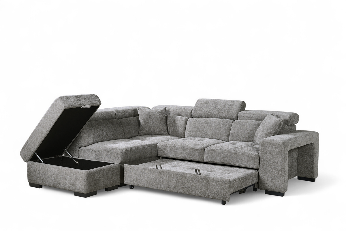 Grey Chenille Fabric 1C2 Corner Sofabed with Storage and Ottomans AMELIA