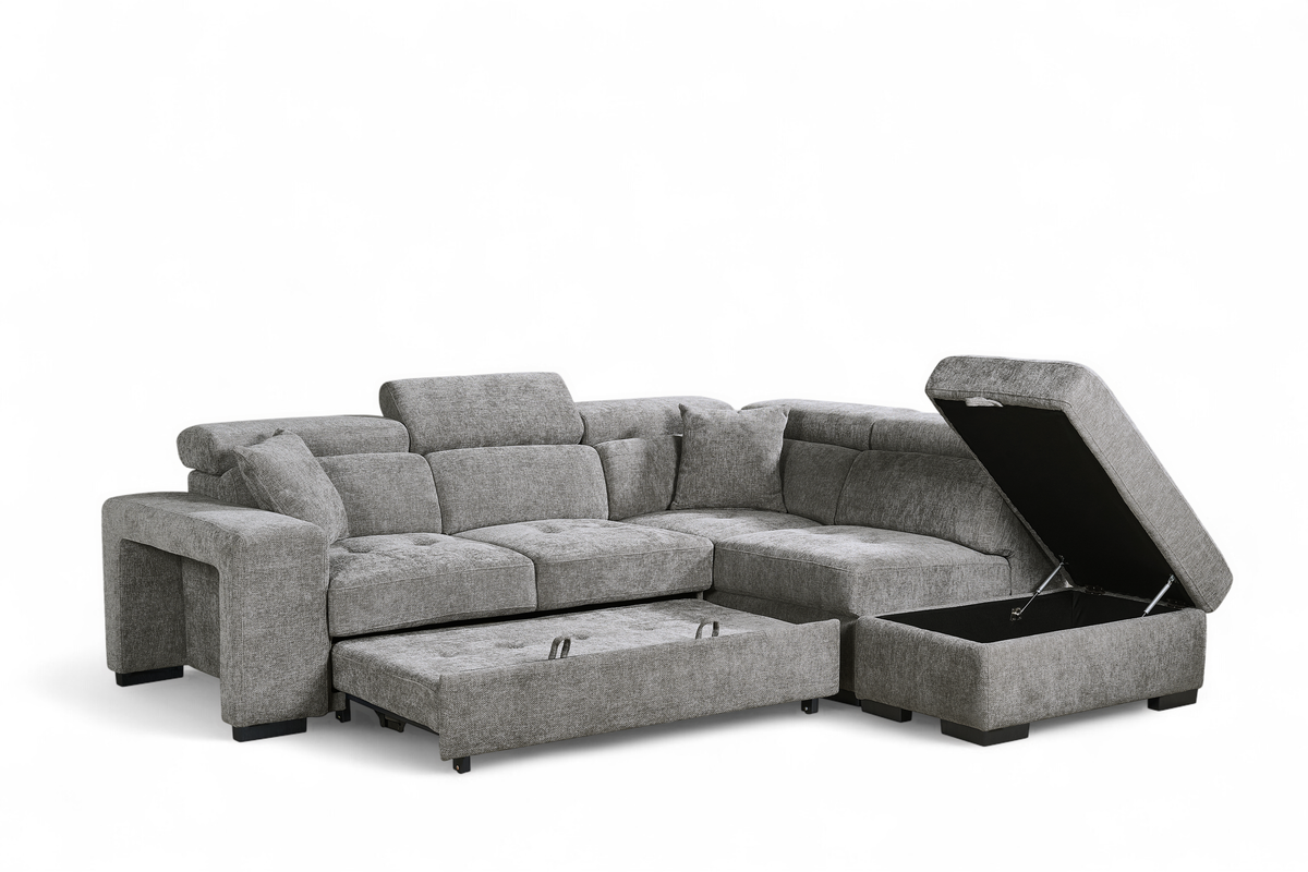 Grey Chenille Fabric 2C1 Corner Sofabed with Storage and Ottomans AMELIA