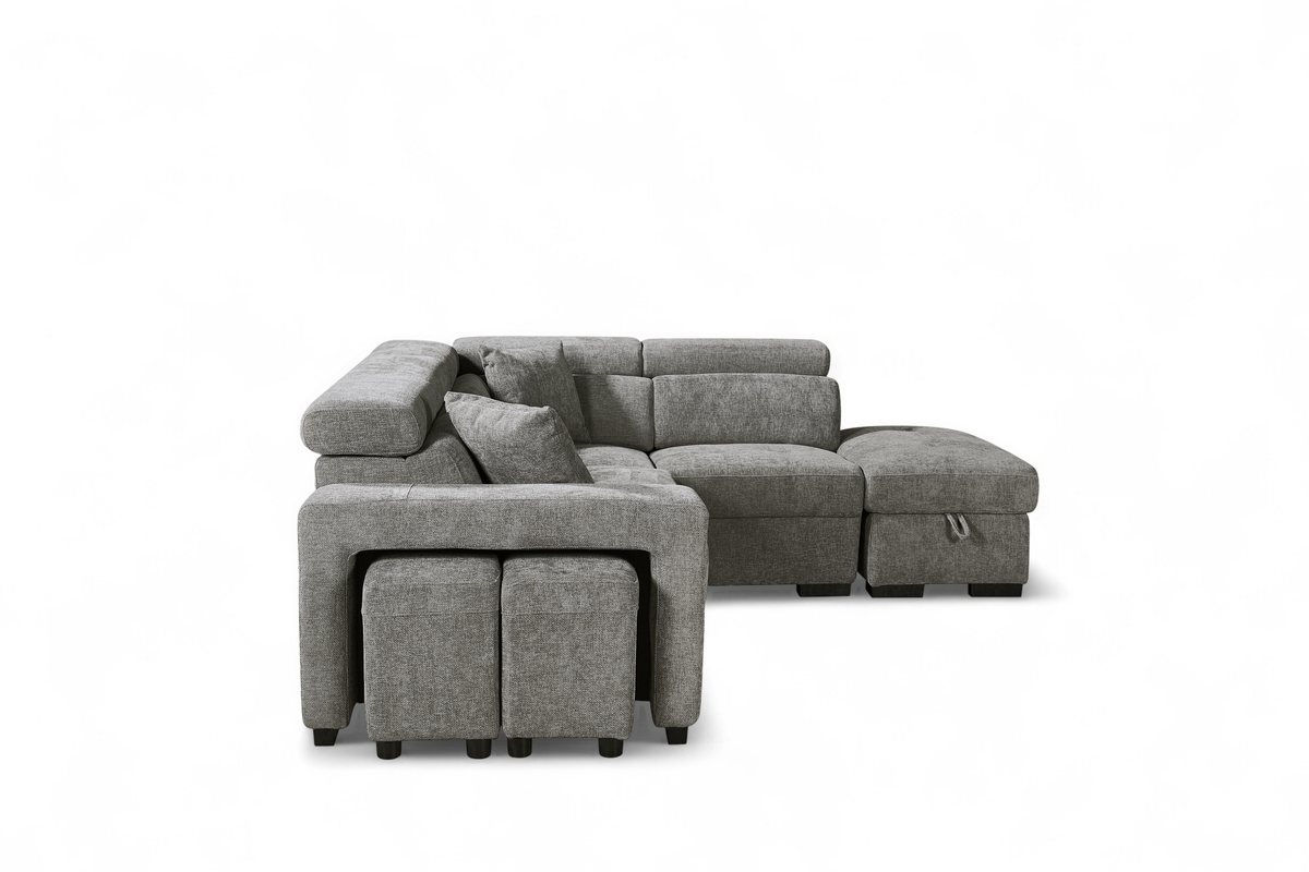 Grey Chenille Fabric 2C1 Corner Sofabed with Storage and Ottomans AMELIA