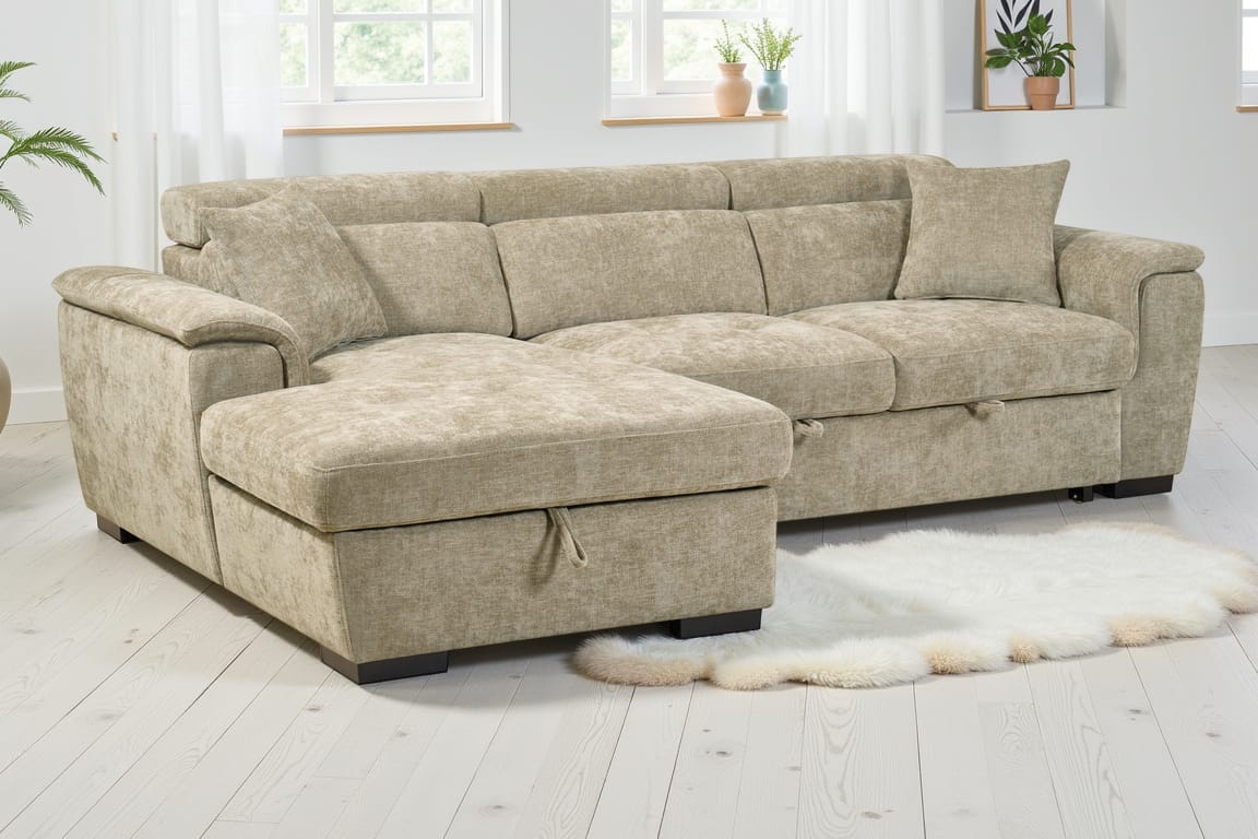 Beige Chenille Fabric 1C2 Corner Sofabed with Storage WILSON