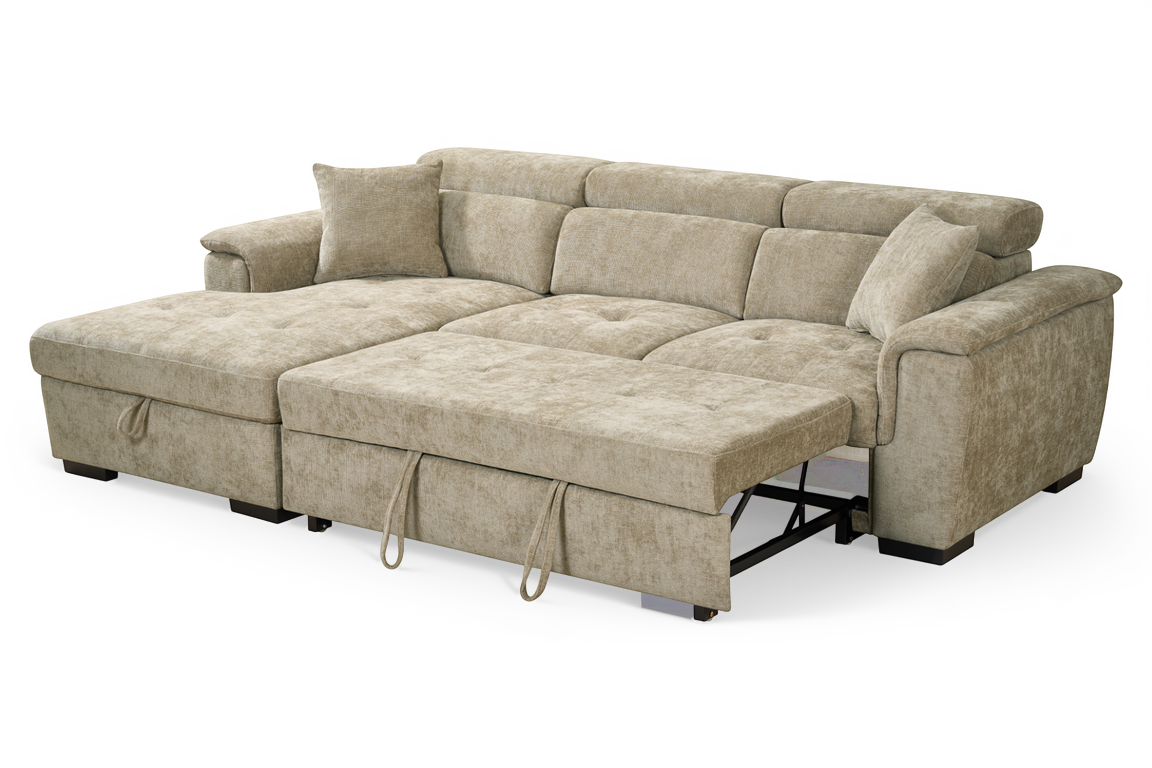Beige Chenille Fabric 1C2 Corner Sofabed with Storage WILSON