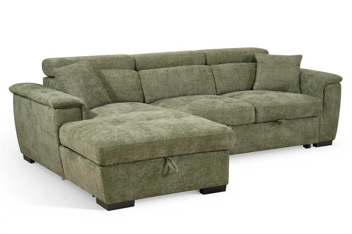 Green Chenille Fabric 1C2 Corner Sofabed with Storage WILSON