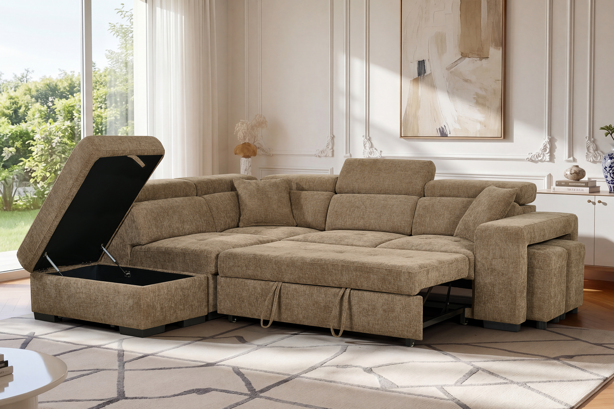 Chocolate Brown Chenille Fabric 1C2 Corner Sofabed with Storage and Ottomans AMELIA