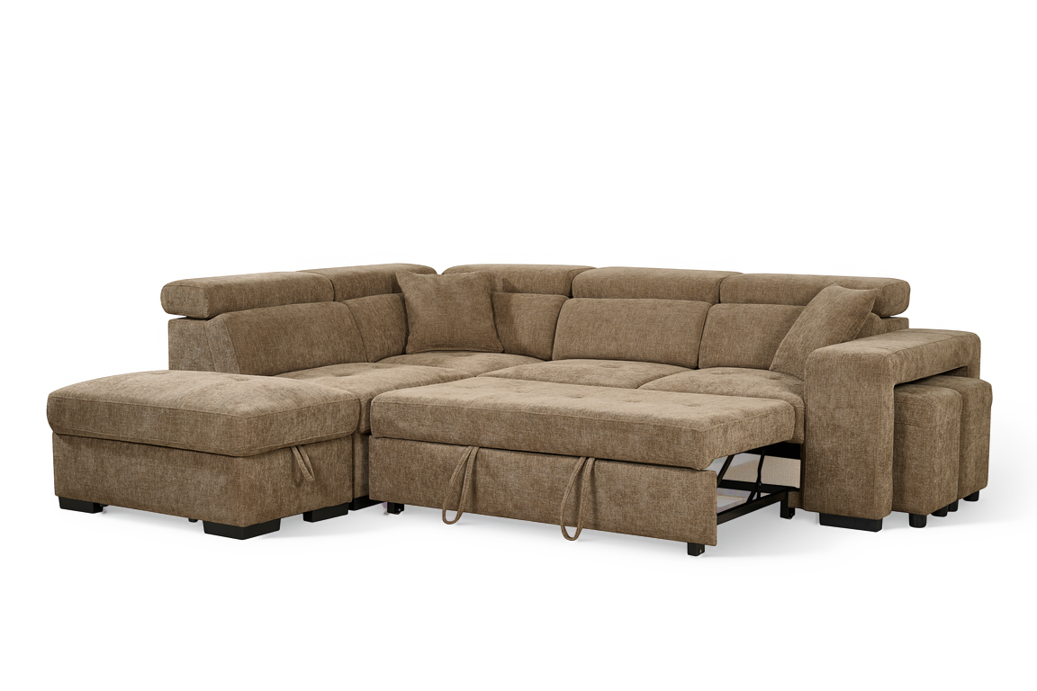 Chocolate Brown Chenille Fabric 1C2 Corner Sofabed with Storage and Ottomans AMELIA