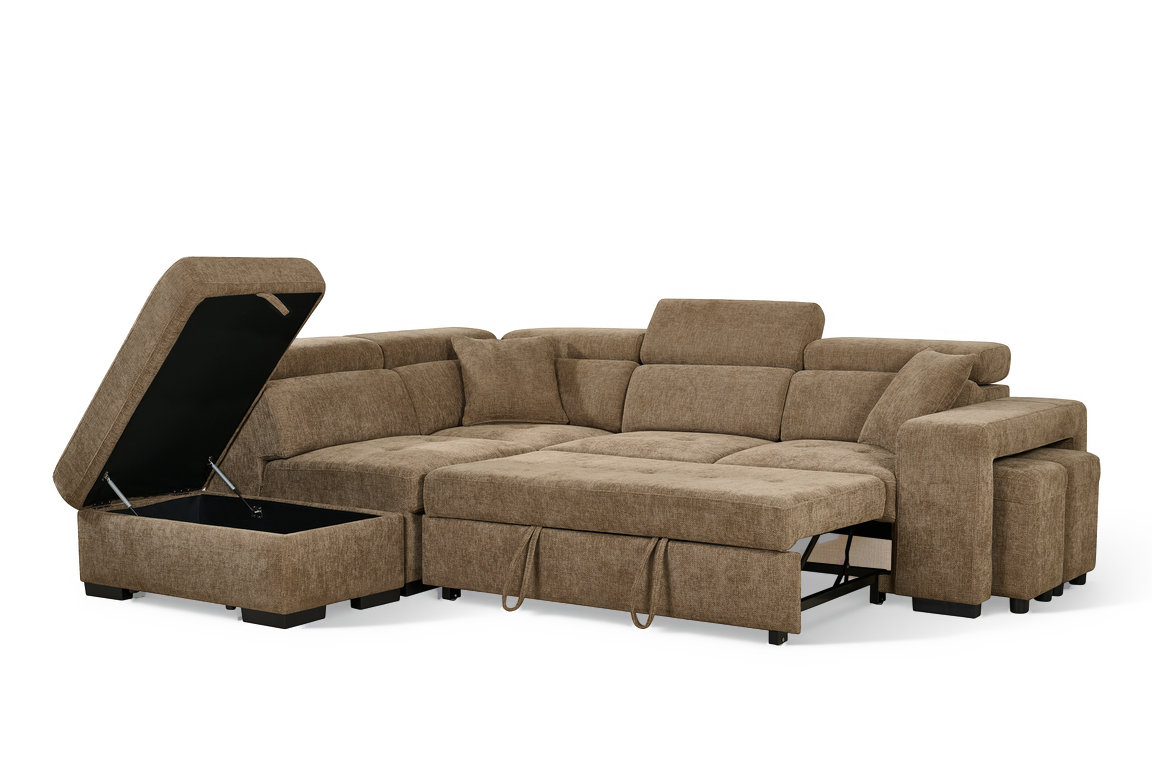 Chocolate Brown Chenille Fabric 1C2 Corner Sofabed with Storage and Ottomans AMELIA