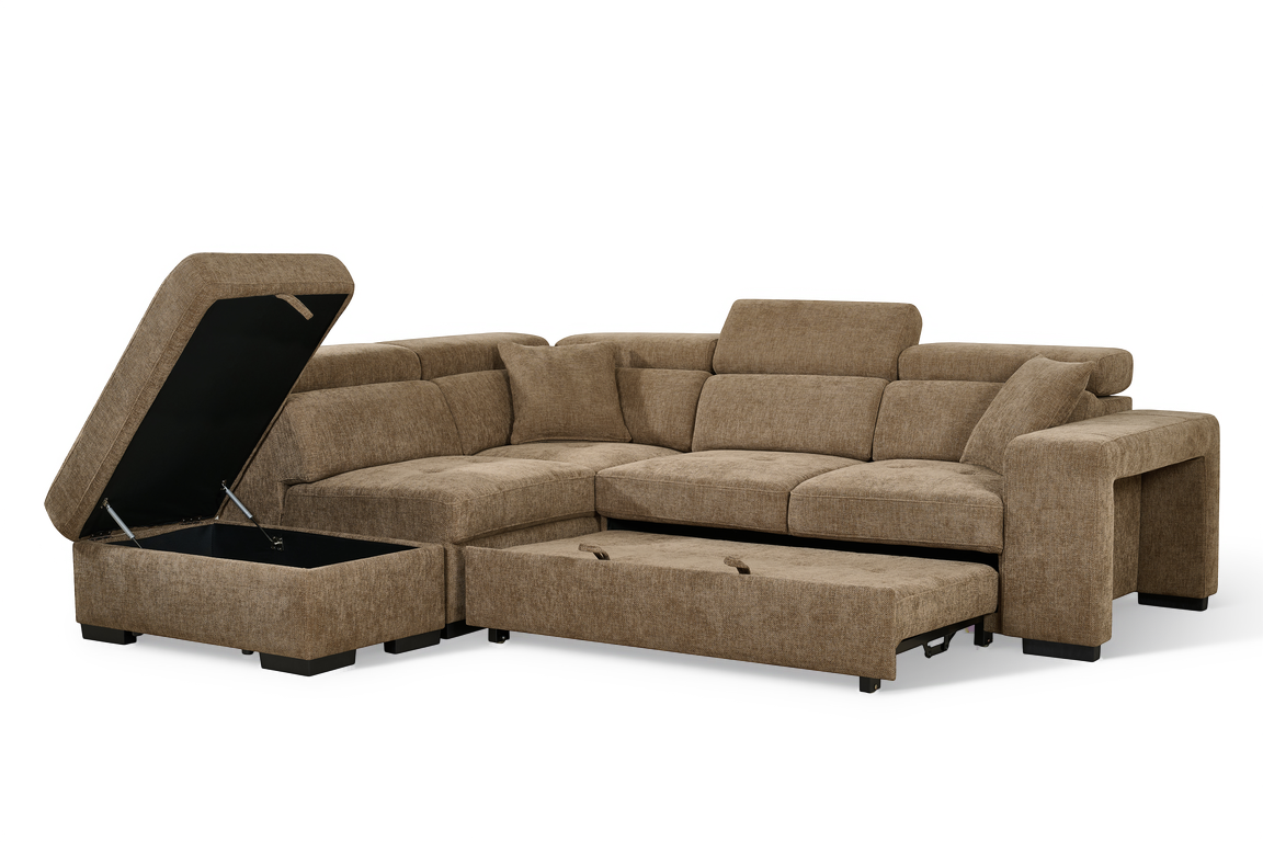Chocolate Brown Chenille Fabric 1C2 Corner Sofabed with Storage and Ottomans AMELIA
