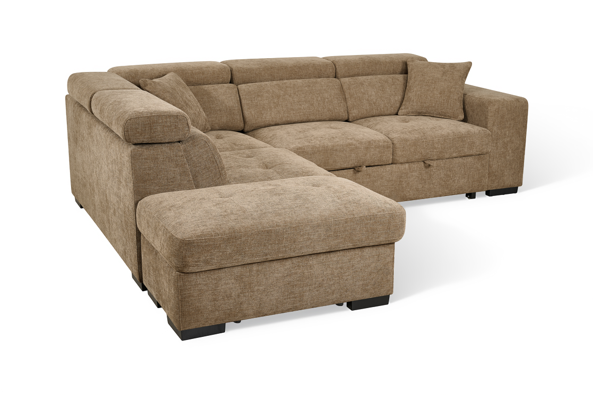 Chocolate Brown Chenille Fabric 1C2 Corner Sofabed with Storage and Ottomans AMELIA