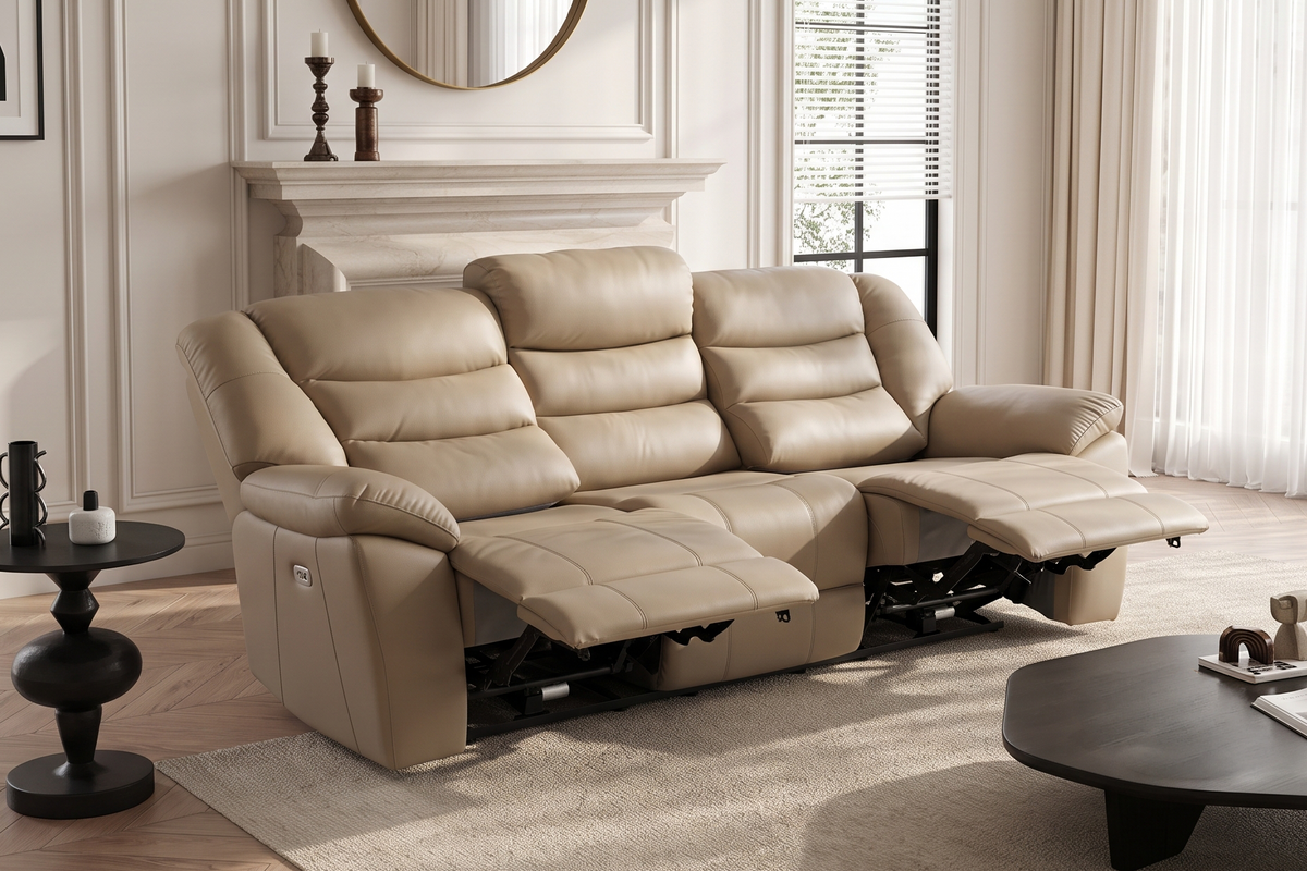 Beige Leather Electric 3 Seater Recliner Sofa GIOVANNI