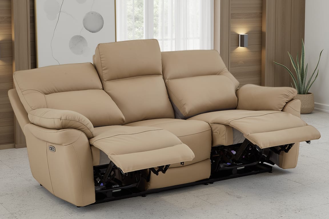 Beige Leather Electric 3 Seater Recliner Sofa CINECITTA
