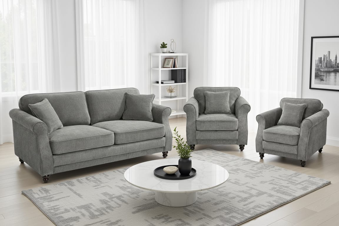 Dark Grey Chenille 3 + 1 + 1 Seater Sofa Set HUGO