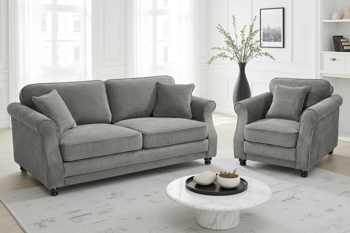 Dark Grey Chenille 3 + 1 Seater Sofa Set HUGO