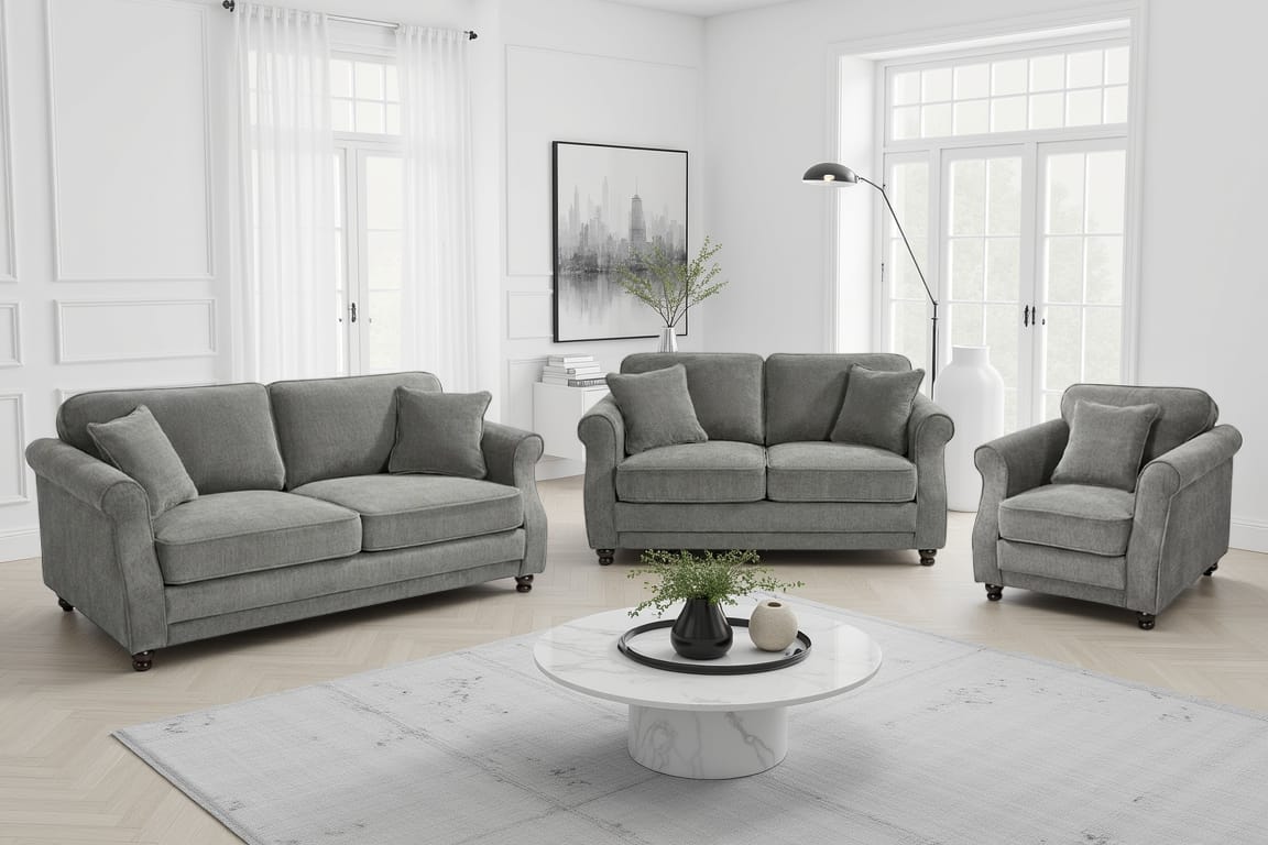Dark Grey Chenille 3 + 2 + 1 Seater Sofa Set HUGO