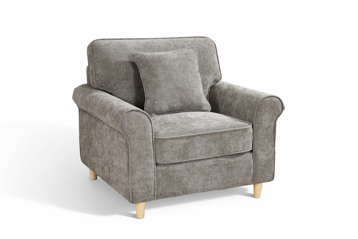 dark grey chenille one seater sofa on a white background