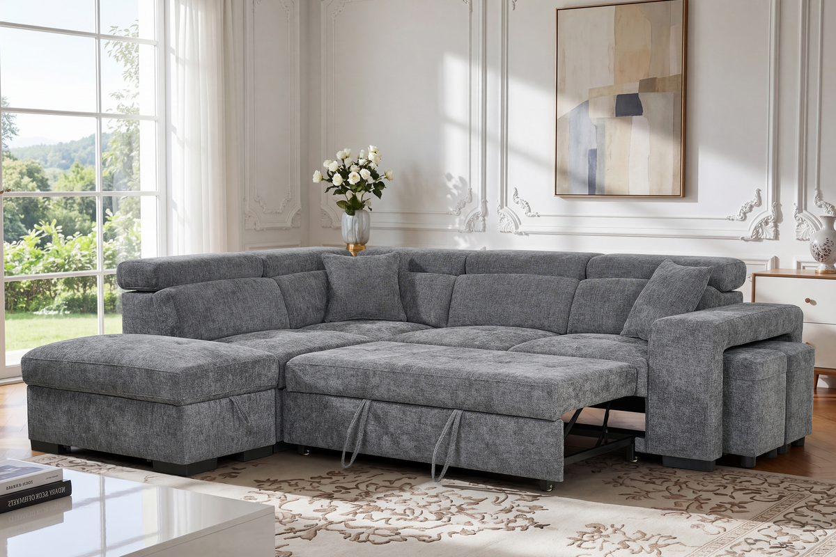 Dark Grey Chenille Fabric 1C2 Corner Sofabed with Storage and Ottomans AMELIA