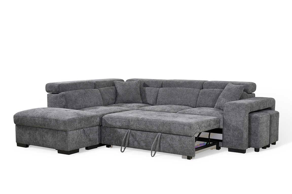 Dark Grey Chenille Fabric 1C2 Corner Sofabed with Storage and Ottomans AMELIA
