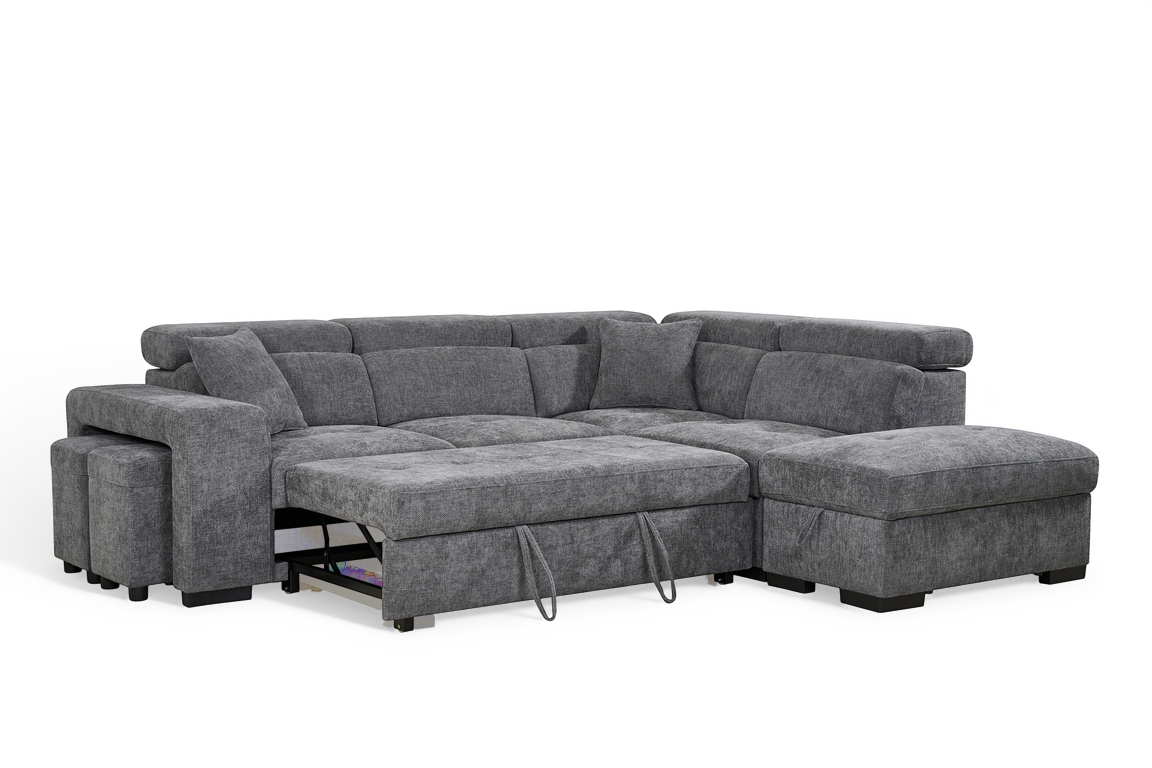 Dark Grey Chenille Fabric 2C1 Corner Sofabed with Storage and Ottomans AMELIA
