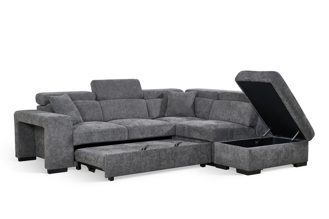 Dark Grey Chenille Fabric 2C1 Corner Sofabed with Storage and Ottomans AMELIA