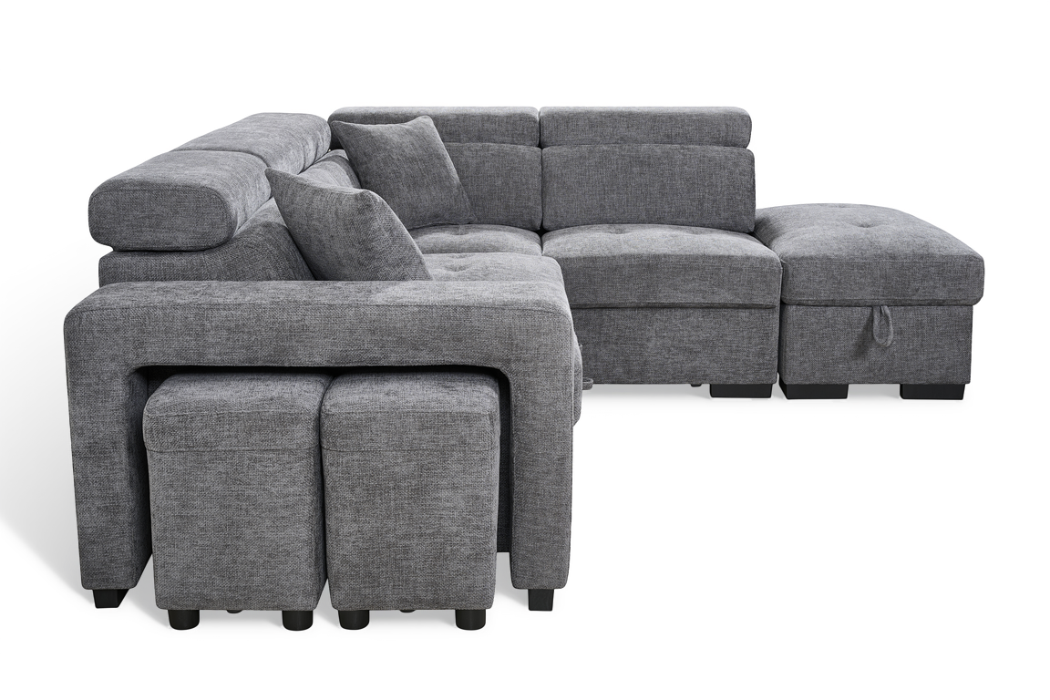 Dark Grey Chenille Fabric 2C1 Corner Sofabed with Storage and Ottomans AMELIA