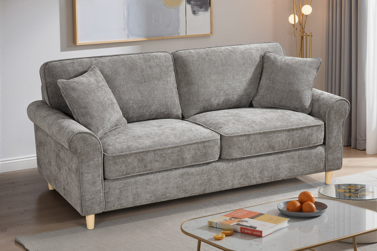 dark grey chenille fabric 3 seater sofa in a living room