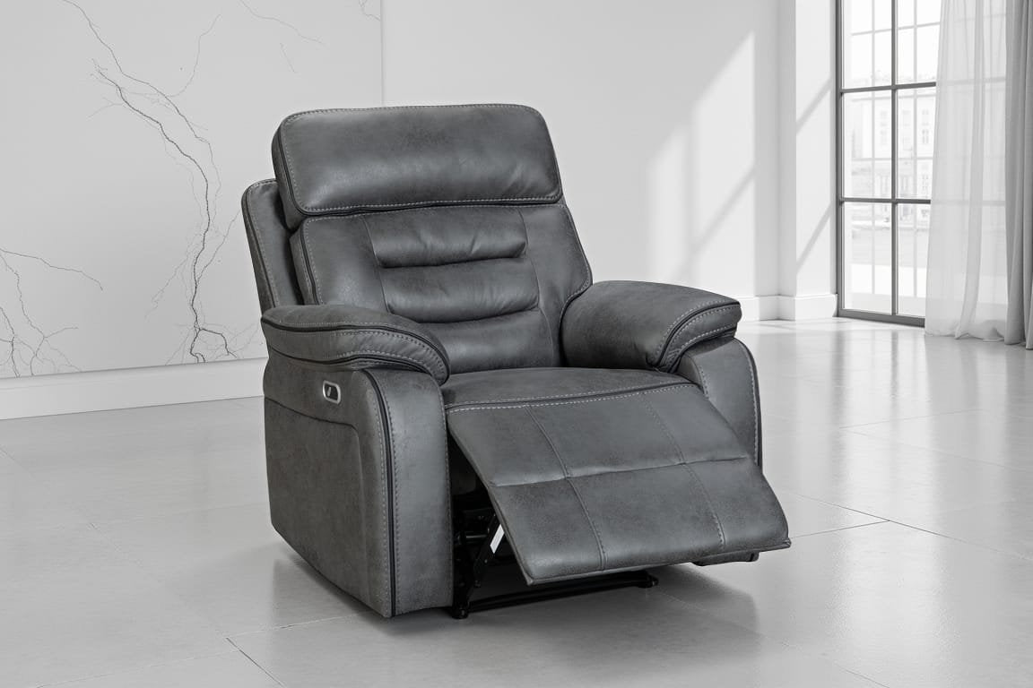 electric grey recliner chair upholstered in faux leather