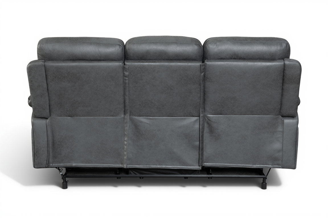 faux leather grey 3 seater electric recliner sofa with a dropdown console and cupholders on a white background