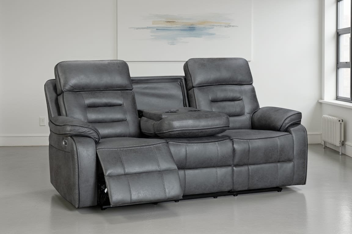 faux leather grey 3 seater electric recliner sofa with a dropdown console and cupholders in a living room