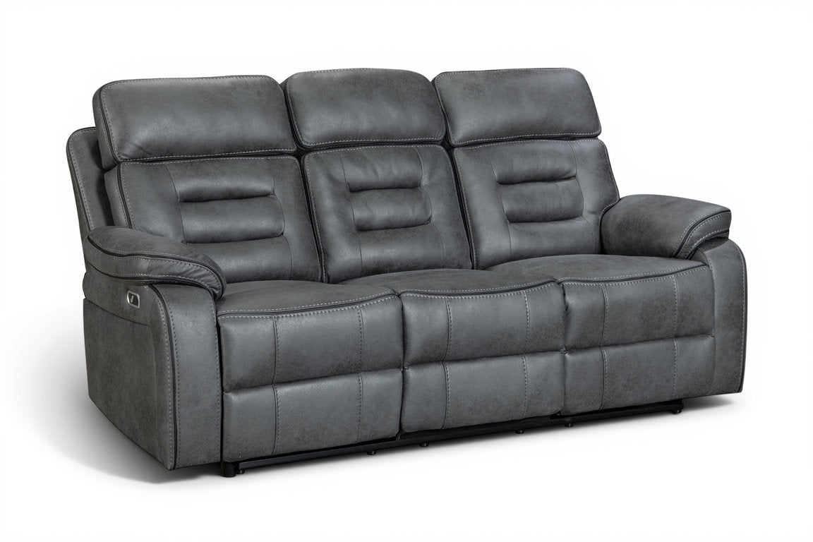 faux leather grey 3 seater electric recliner sofa with a dropdown console and cupholders on a white background