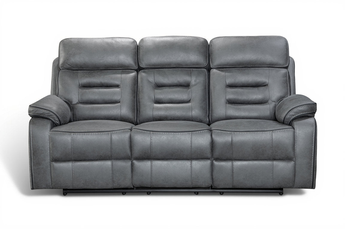 faux leather grey 3 seater electric recliner sofa with a dropdown console and cupholders on a white background