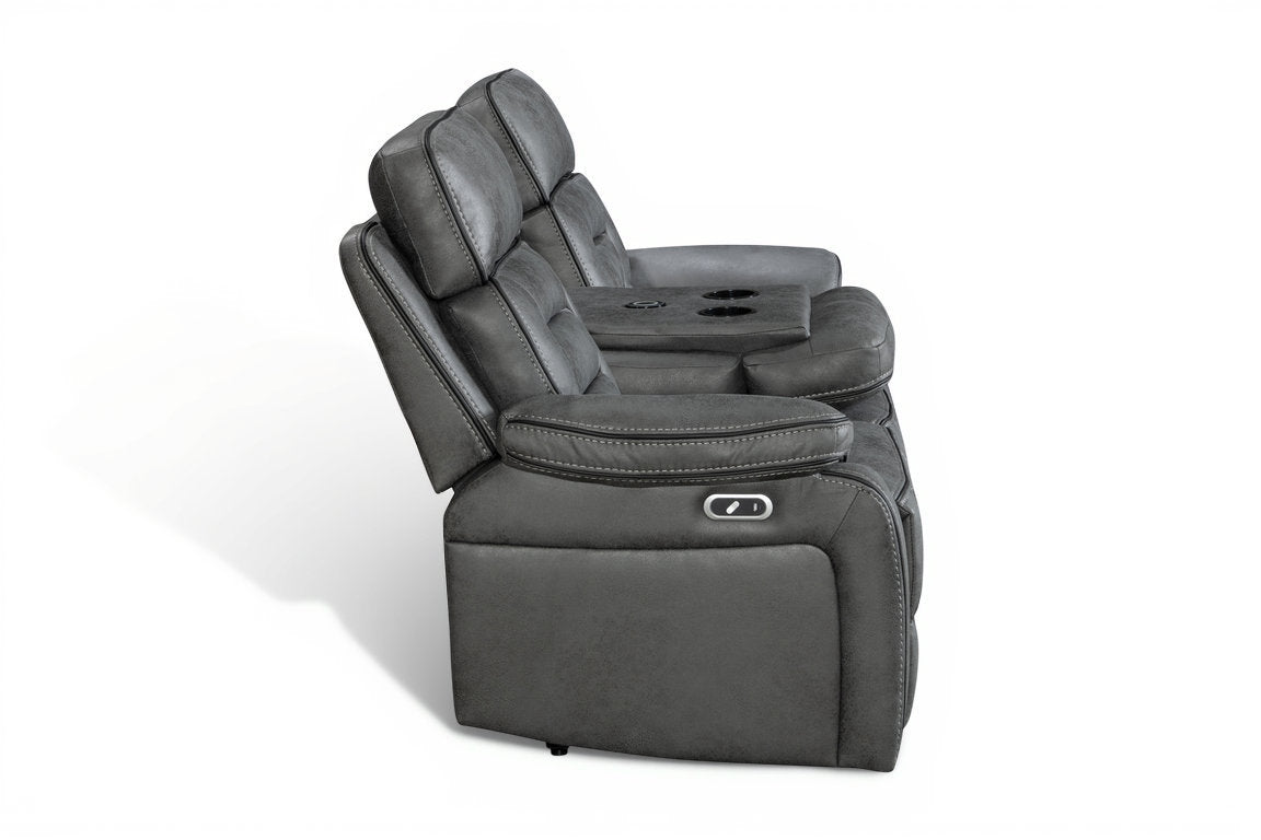 faux leather grey 3 seater electric recliner sofa with a dropdown console and cupholders on a white background