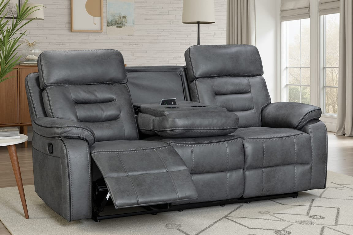 faux leather grey 3 seater manual recliner sofa with a drop down console and cupholders in a living room