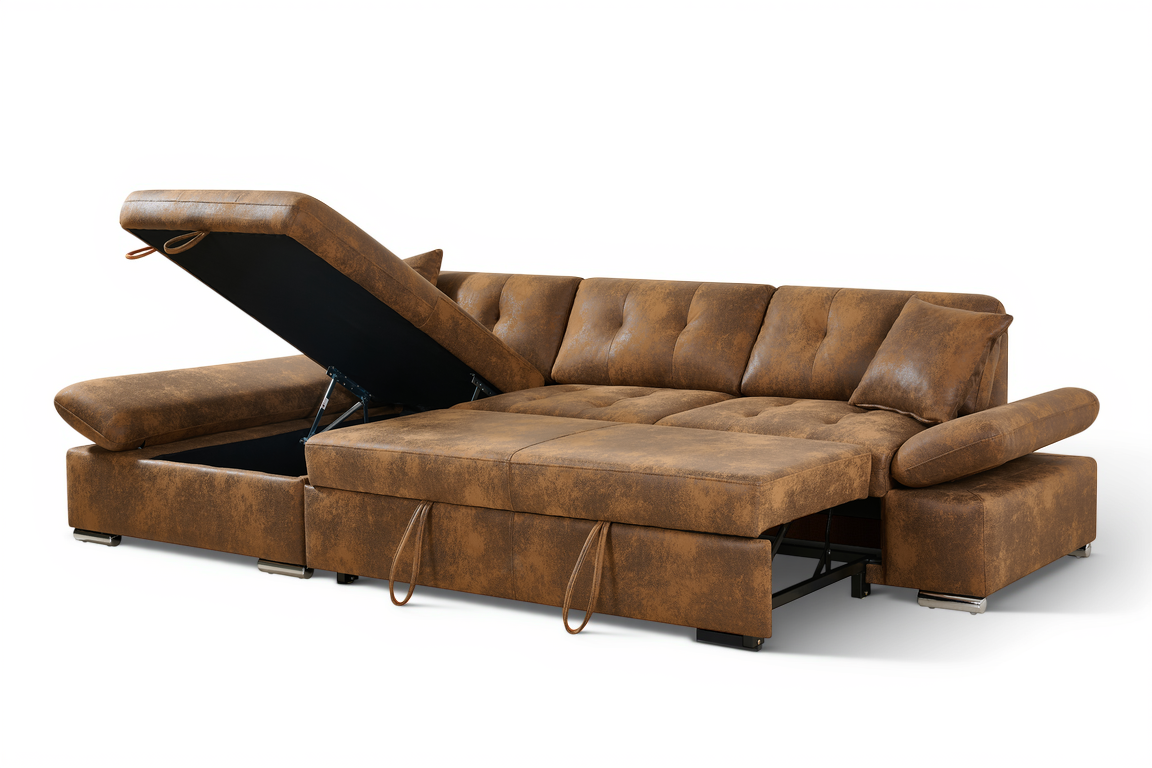Faux Leather Suede Brown 1C2 Corner Sofabed with Storage HARRY