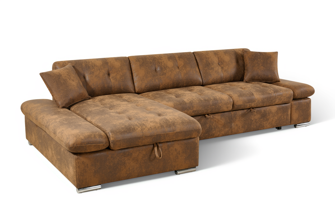 Faux Leather Suede Brown 1C2 Corner Sofabed with Storage HARRY